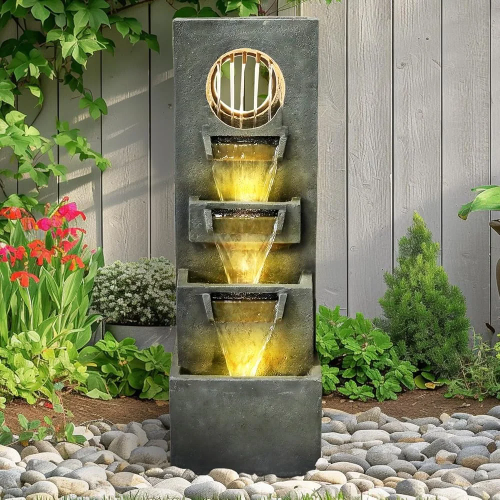 Modern Outdoor Waterfall Fountain 39.3 Inch Indoor Relaxing Floor Fountain 4-Tier Water Feature with LED Light Pump Garden Patio