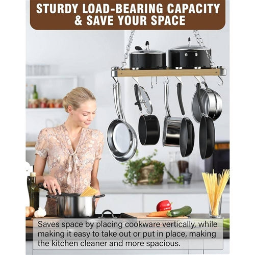 Rectangular 23.5-inch Metal Wood Ceiling Mounted Kitchen Pot Rack image 3