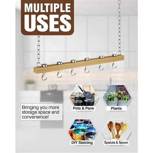 Ceiling Mounted 36-inch Wooden Pot Rack with 4 Pan Hanging Hooks and 2 Swivel Ho image 3