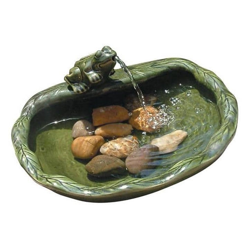 Green Glazed Ceramic Fountain Bird Bath with Frog and Solar Pump image 0