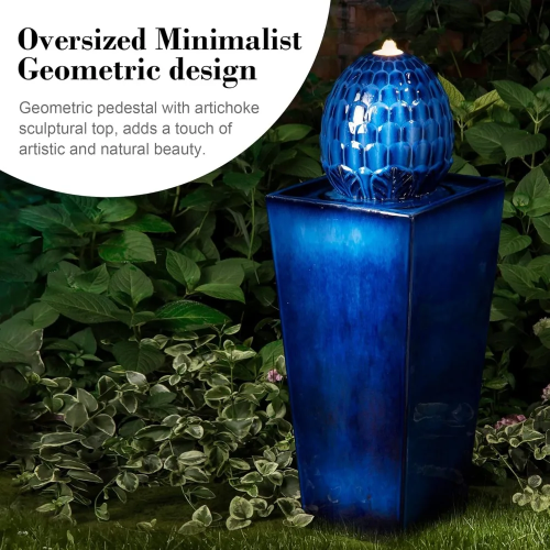Ceramic Outdoor Water Fountain with LED Light, Oversized Artichoke Pedestal Wate image 4