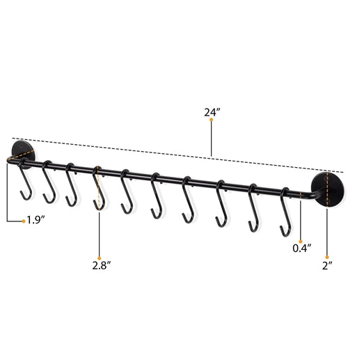 Set of 2 - Black Metal Wall Mounted Pot Rack with 20 Hanging Hooks image 2