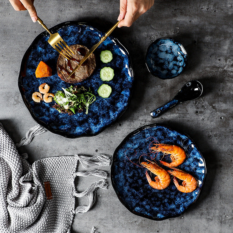 Ceramic Dinner Plates and Bowls, Blue Dishes, Creative Japanese Retro Kiln Chang image 2