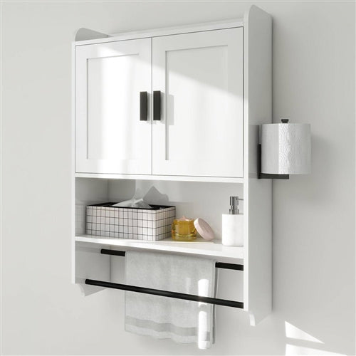White Bathroom Wall Cabinet with Towel Bar and Storage Shelf image 3