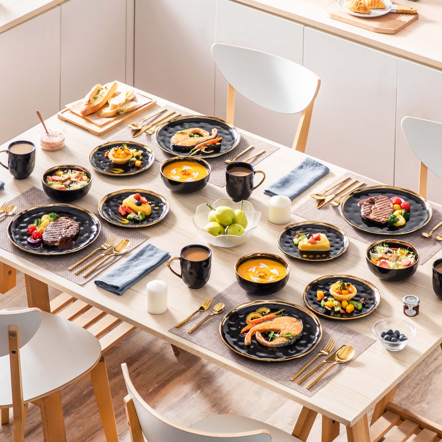LOVECASA 16/32 Piece Black Porcelain Dinnerware Set with Gold Trim Dessert Plate image 5